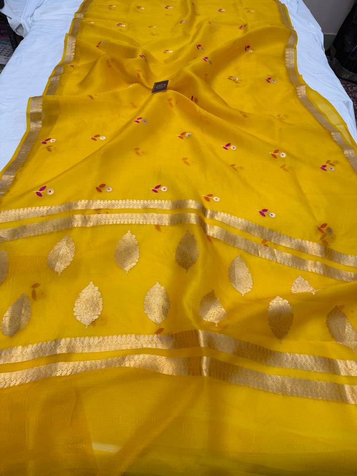 Yellow Silk Banarasi Saree with Kadwa Zari & Pink Meenakari