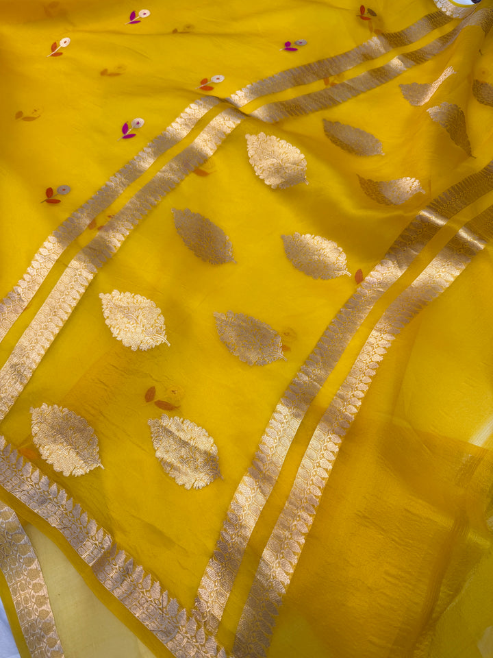 Yellow Silk Banarasi Saree with Kadwa Zari & Pink Meenakari