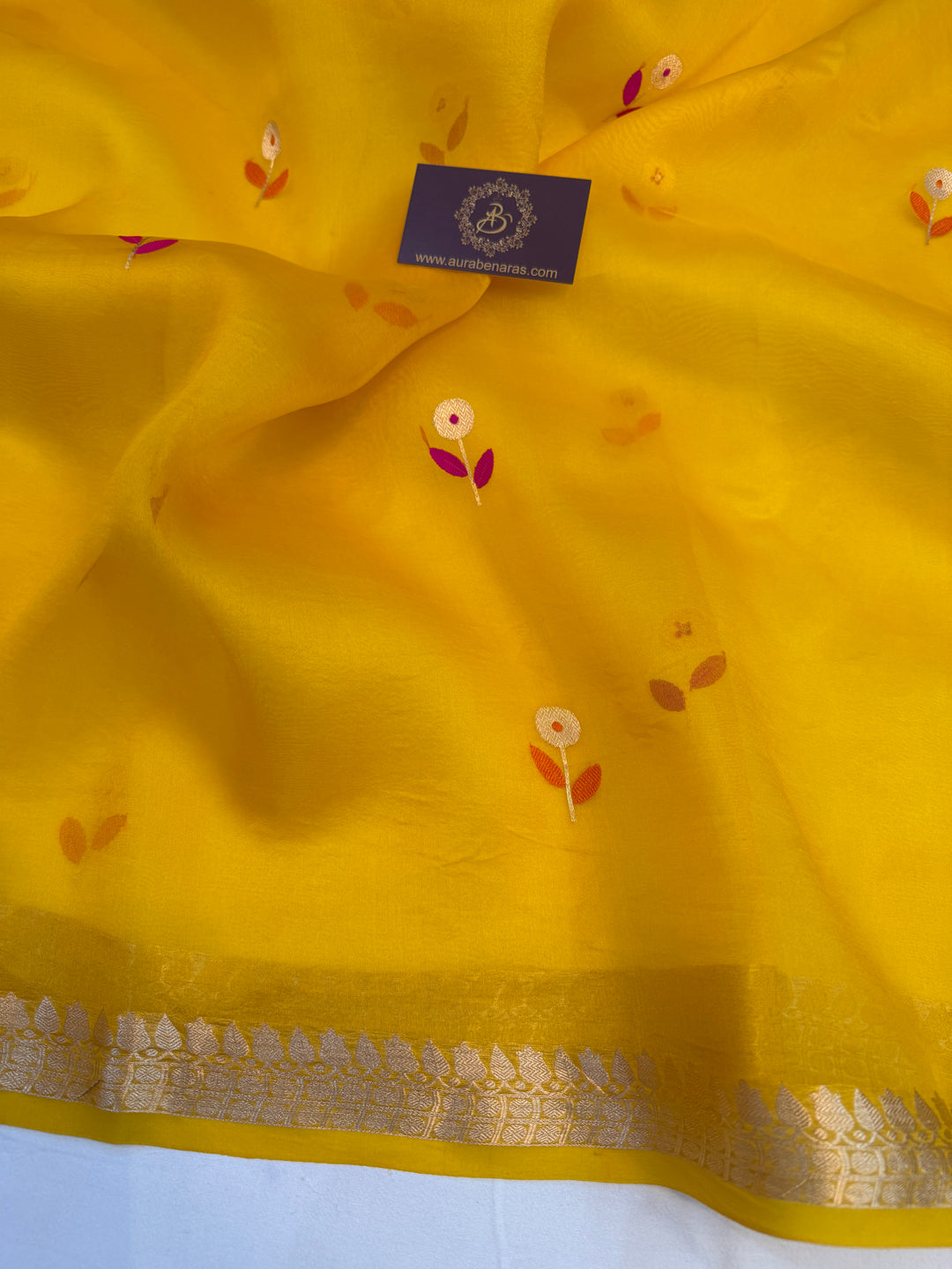 Yellow Silk Banarasi Saree with Kadwa Zari & Pink Meenakari
