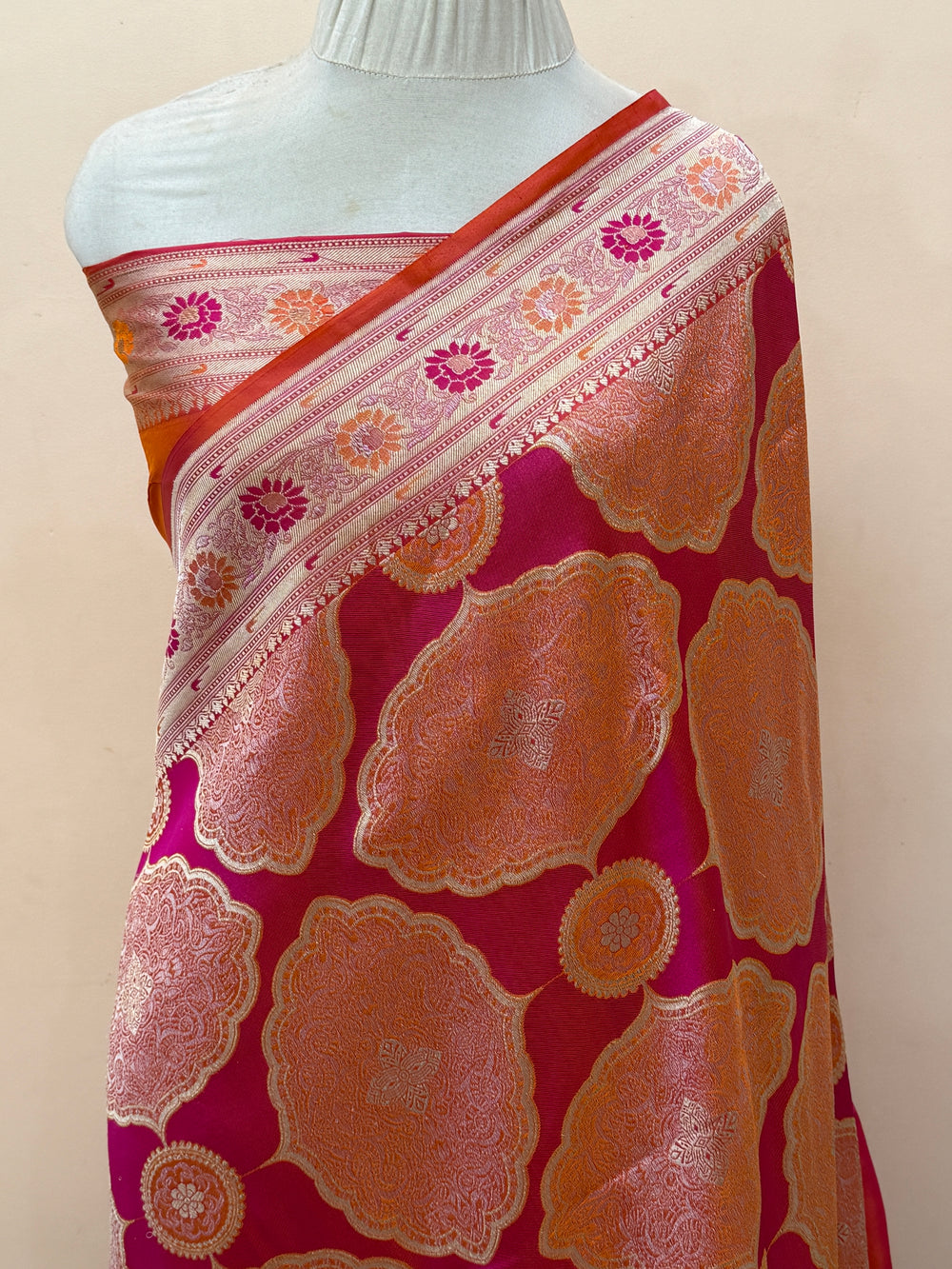 Orange Pink Pure Katan silk Handloom Banarasi Saree