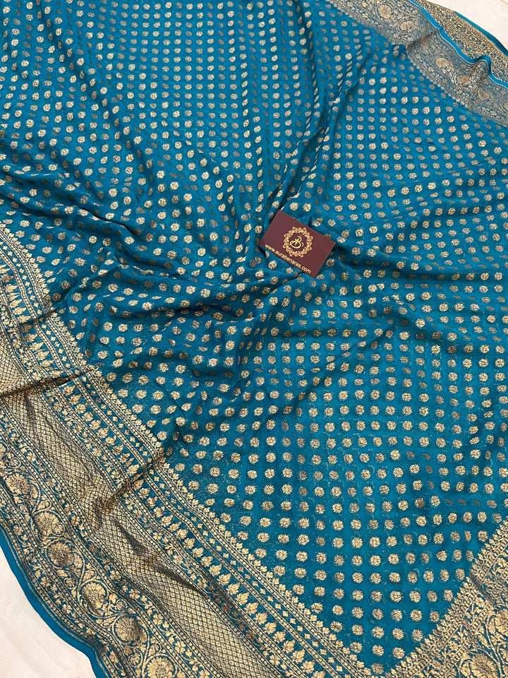 Rama Green Banarasi Handloom Pure Khaddi Georgette Silk Saree - Aura Benaras