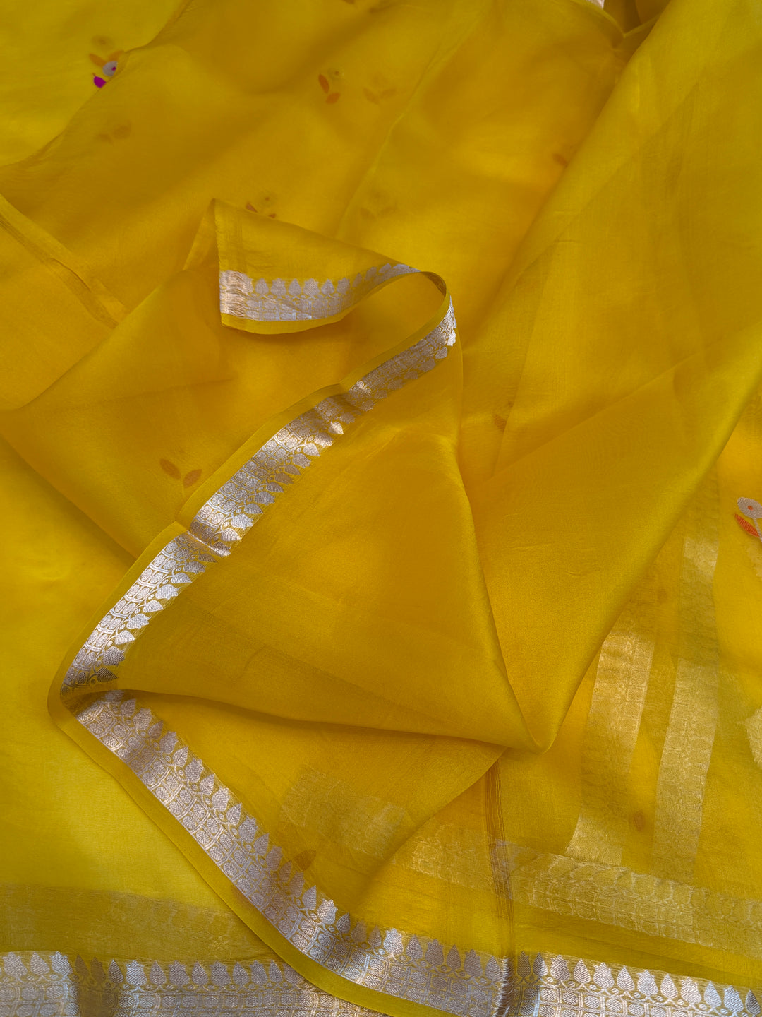 Yellow Silk Banarasi Saree with Kadwa Zari & Pink Meenakari