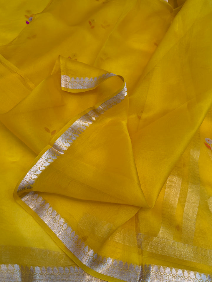 Yellow Silk Banarasi Saree with Kadwa Zari & Pink Meenakari