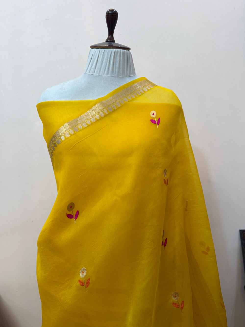 Yellow Silk Banarasi Saree with Kadwa Zari & Pink Meenakari