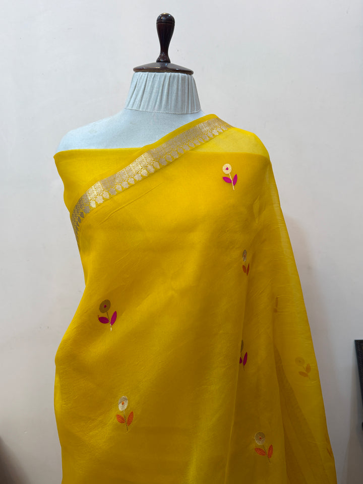 Yellow Silk Banarasi Saree with Kadwa Zari & Pink Meenakari