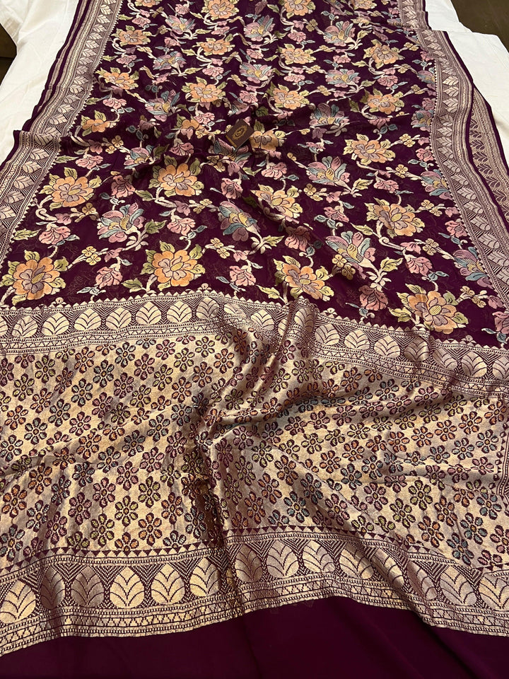 Wine Rangkaat Banarasi Khaddi Georgette Saree - Aura Benaras
