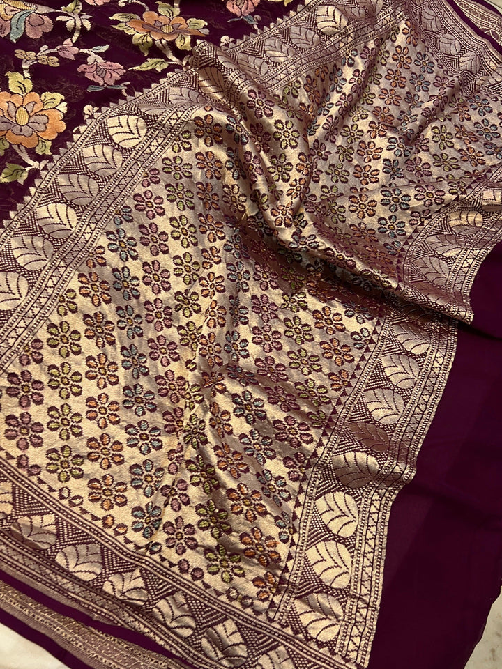 Wine Rangkaat Banarasi Khaddi Georgette Saree - Aura Benaras