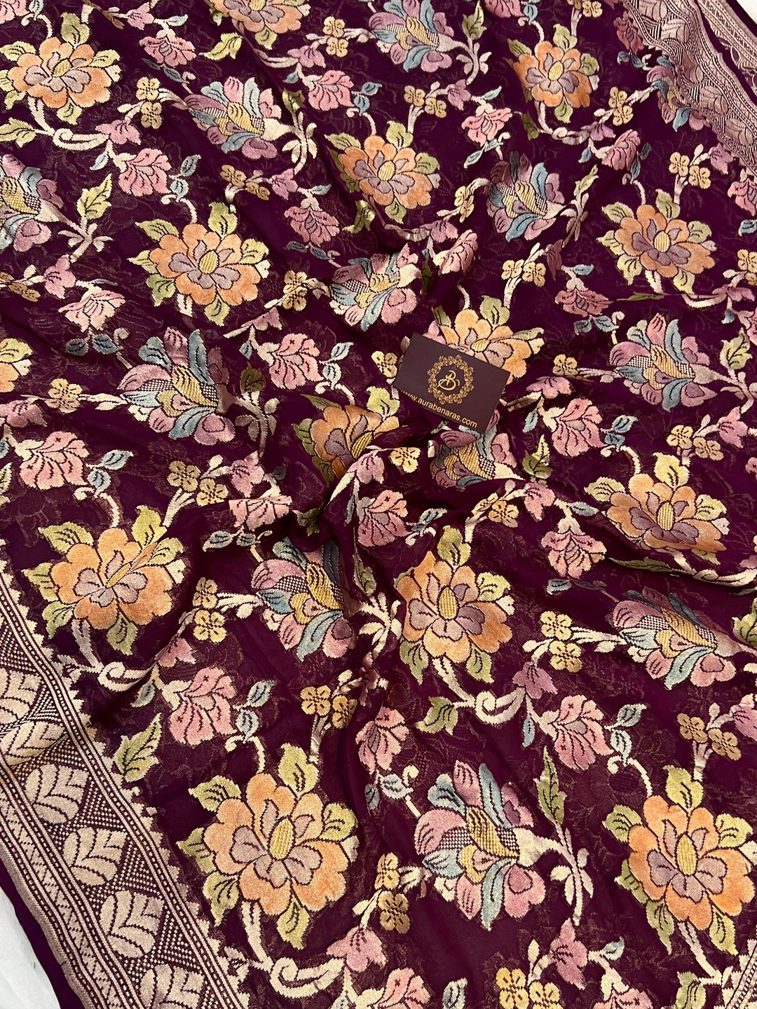 Wine Rangkaat Banarasi Khaddi Georgette Saree - Aura Benaras