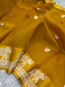 Yellow Banarasi Handloom Kora Silk Saree - Aura Benaras