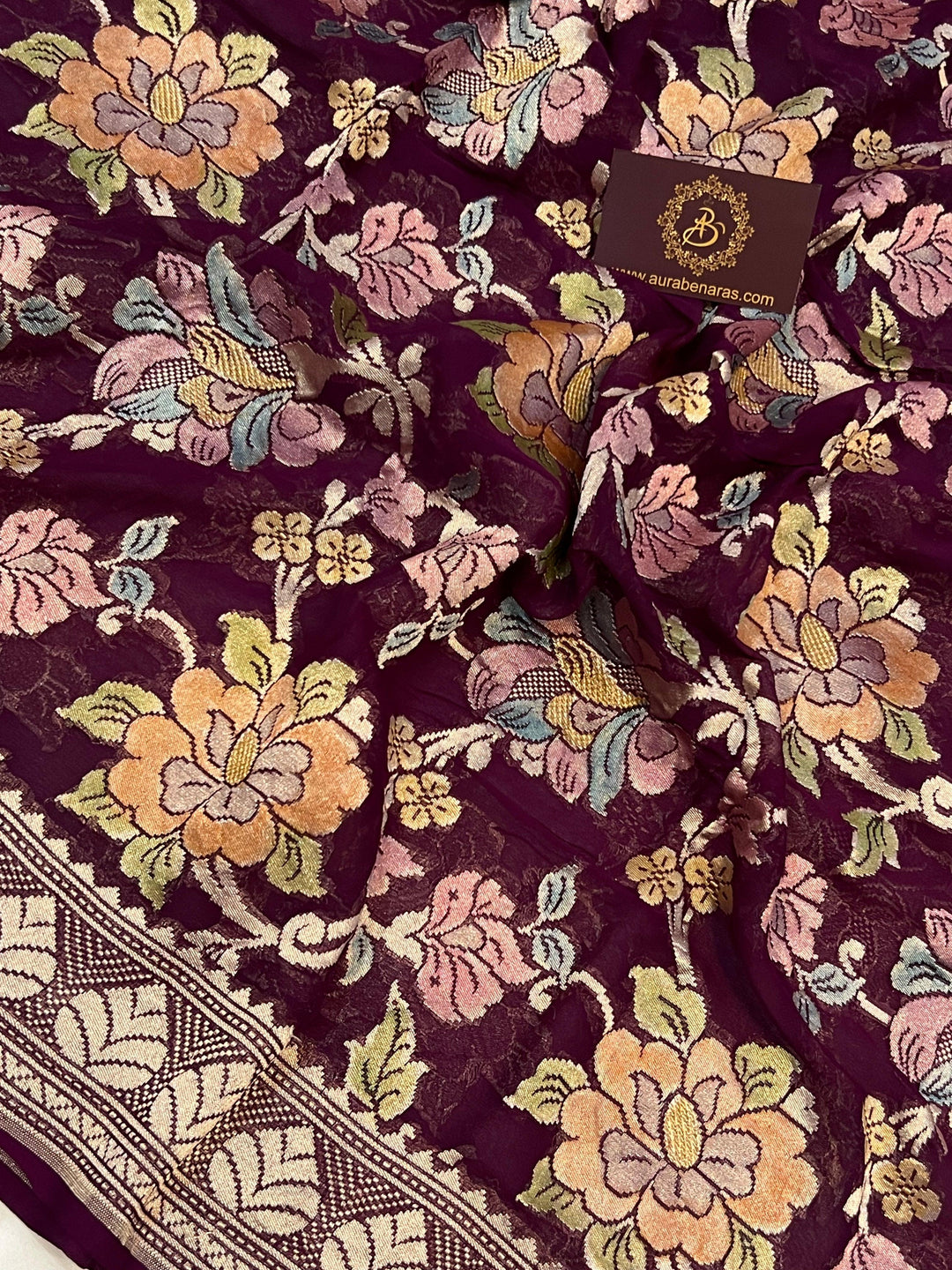 Wine Rangkaat Banarasi Khaddi Georgette Saree - Aura Benaras