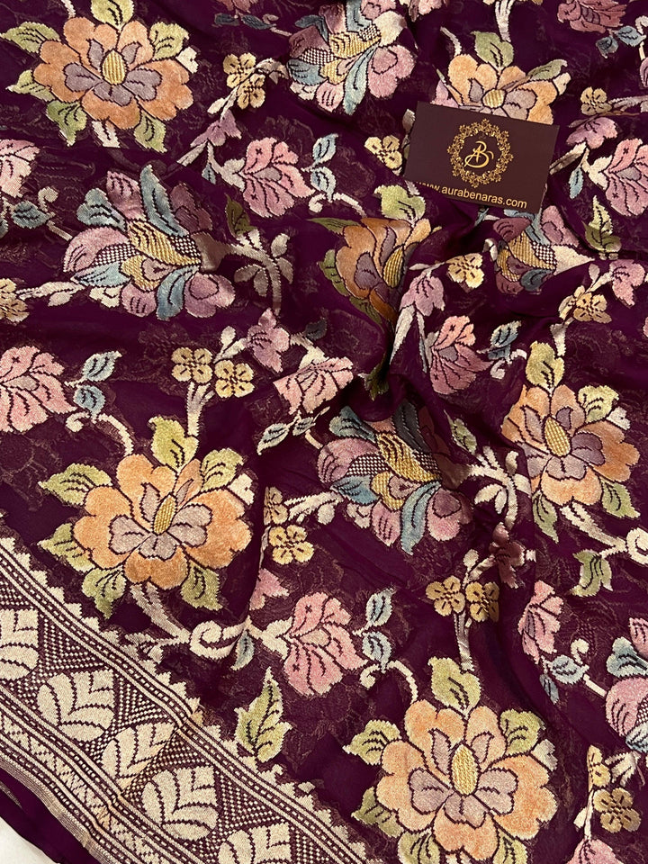 Wine Rangkaat Banarasi Khaddi Georgette Saree - Aura Benaras