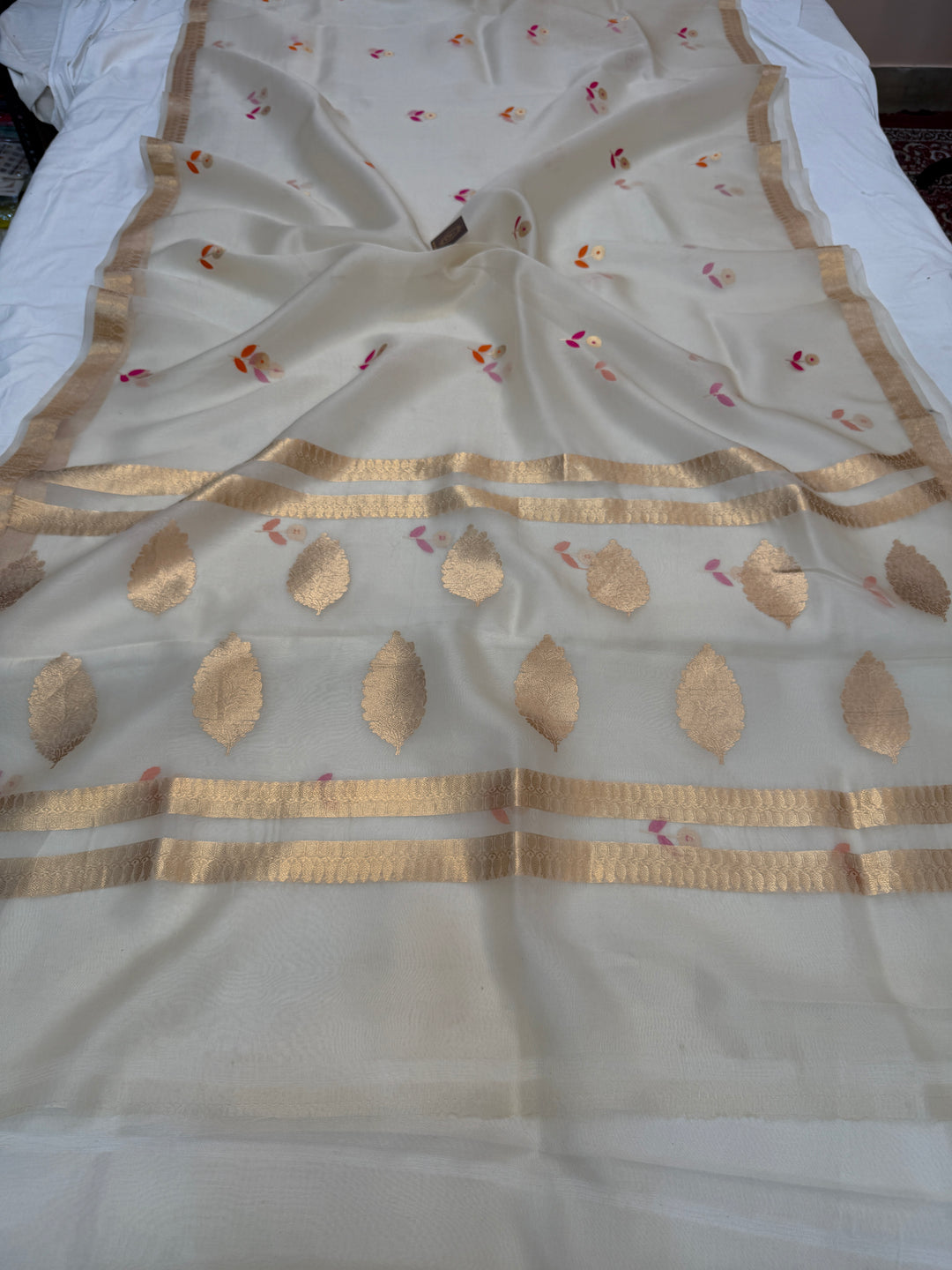Cream Silk Banarasi Saree with Kadhwa Zari & Meenakari