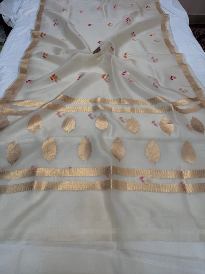 Cream Silk Banarasi Saree with Kadhwa Zari & Meenakari