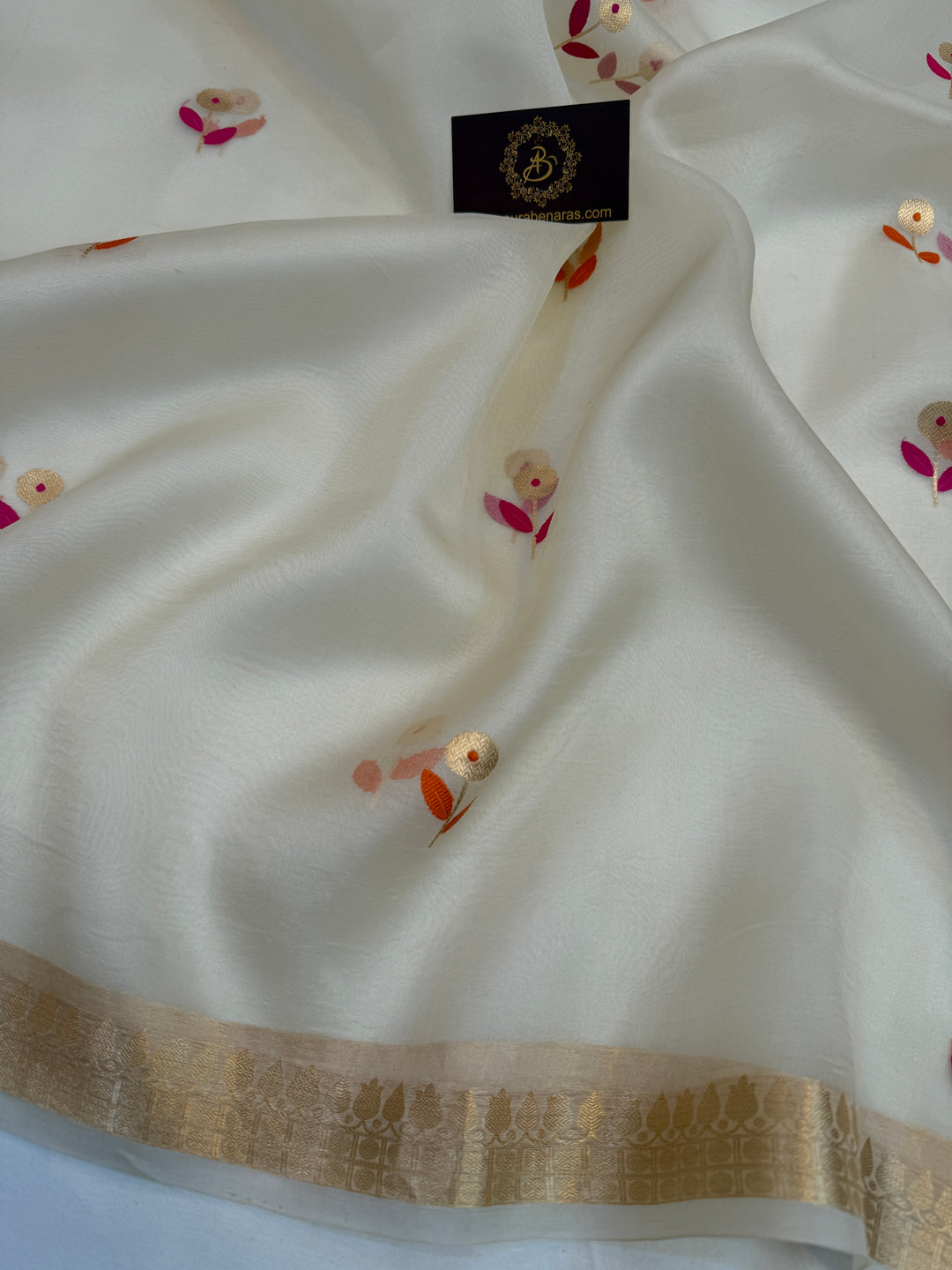 Cream Silk Banarasi Saree with Kadhwa Zari & Meenakari