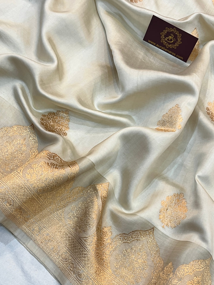 Cream Pure Banarasi Handloom Silk Saree | Aura Benaras