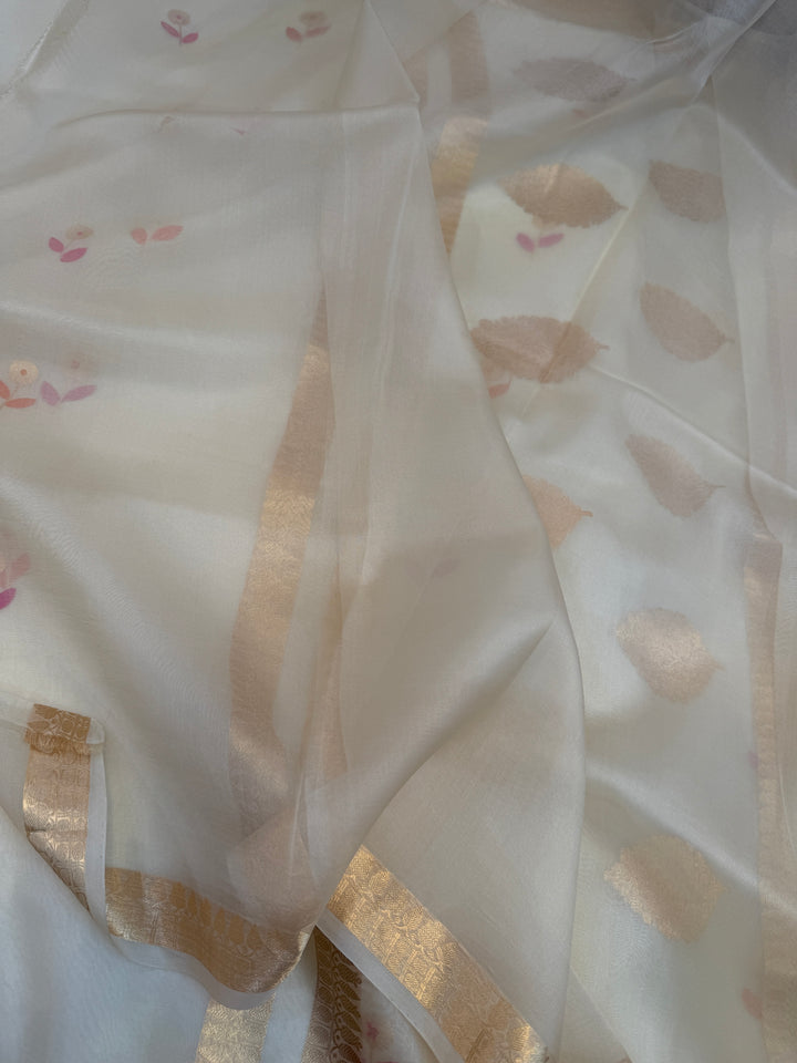 Cream Silk Banarasi Saree with Kadhwa Zari & Meenakari