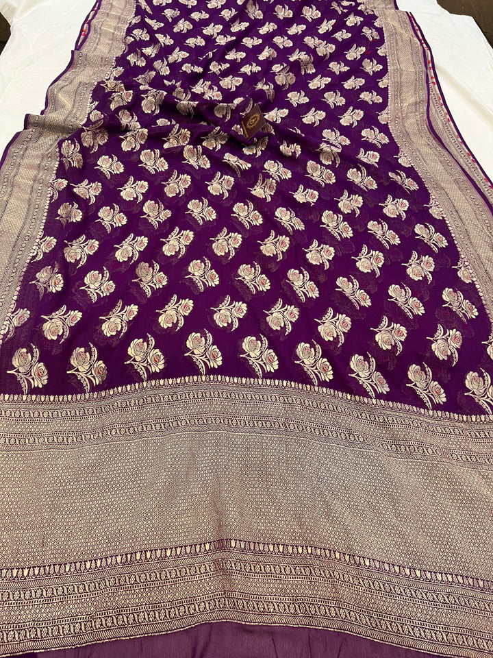 Purple Banarasi Khaddi Georgette Saree - Aura Benaras