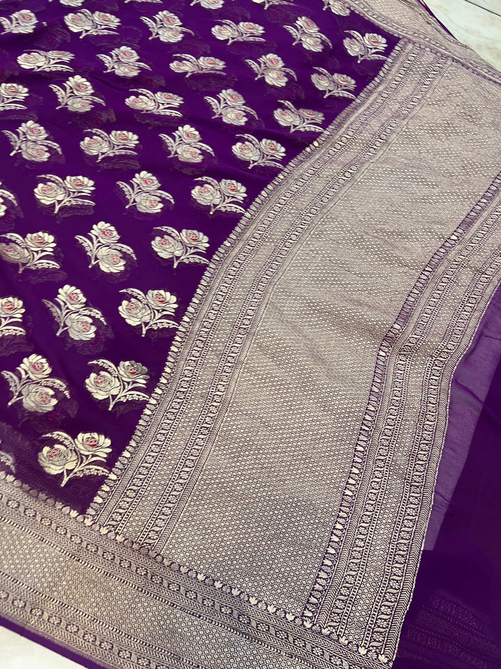 Purple Banarasi Khaddi Georgette Saree - Aura Benaras