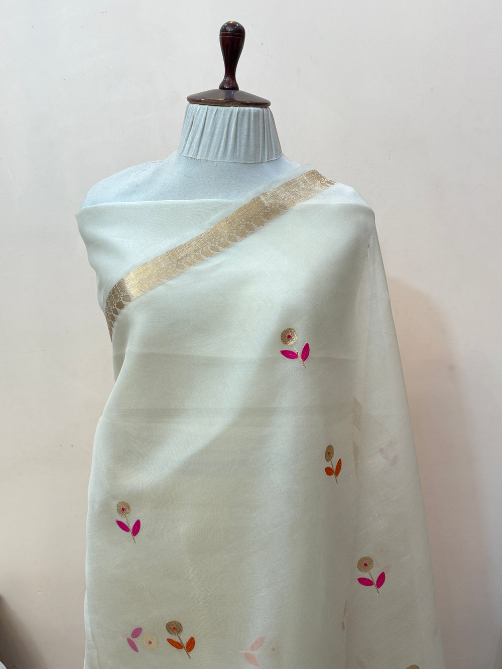 Cream Silk Banarasi Saree with Kadhwa Zari & Meenakari
