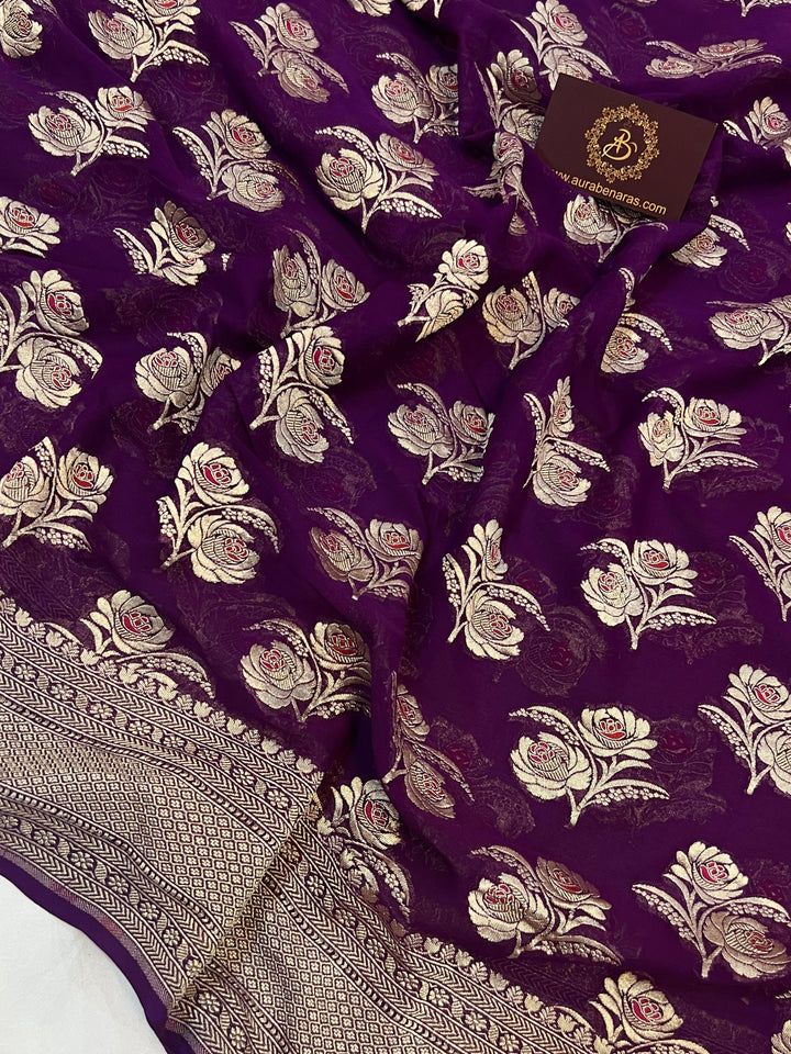 Purple Banarasi Khaddi Georgette Saree - Aura Benaras