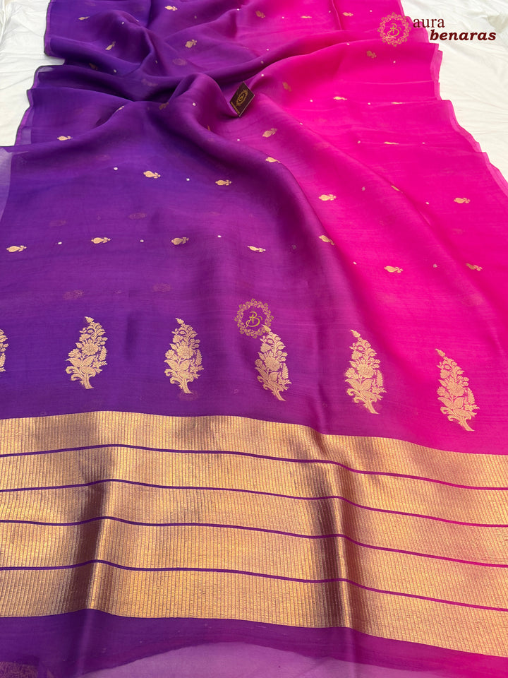 Pink Purple Shaded Kora Silk Banarasi Saree with Butis