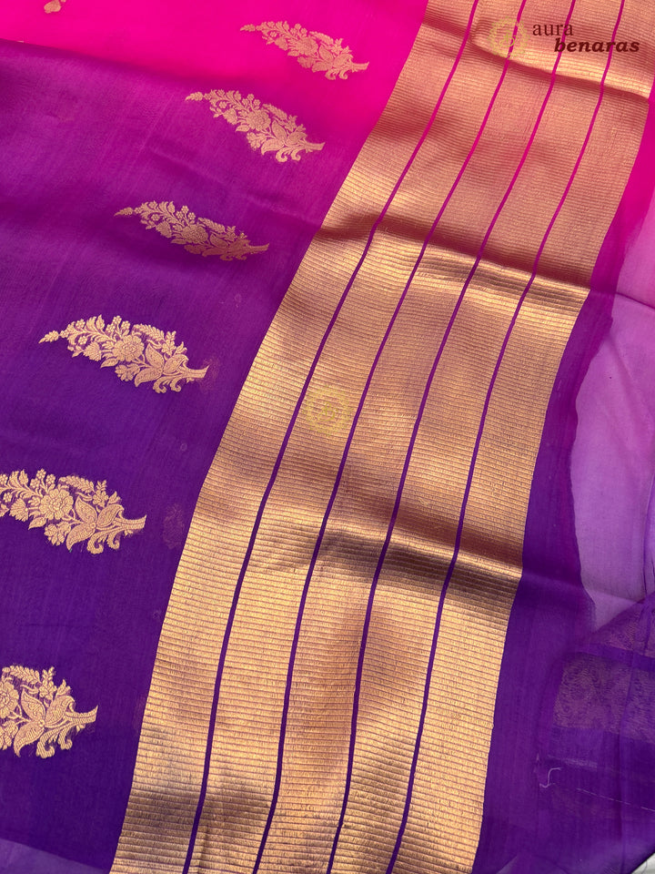 Pink Purple Shaded Kora Silk Banarasi Saree with Butis