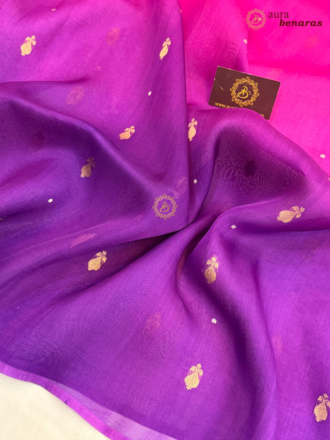 Pink Purple Shaded Kora Silk Banarasi Saree with Butis
