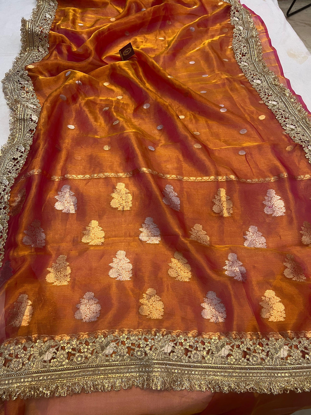 Orange Pure Banarasi Handloom Tissue Silk Saree - Aura Benaras