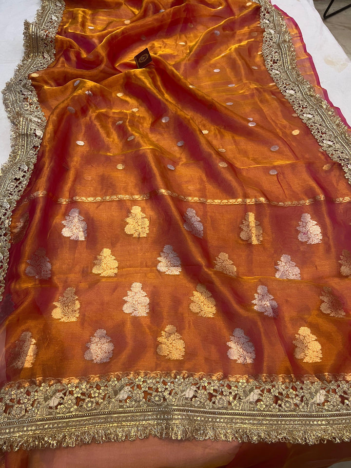 Orange Pure Banarasi Handloom Tissue Silk Saree - Aura Benaras