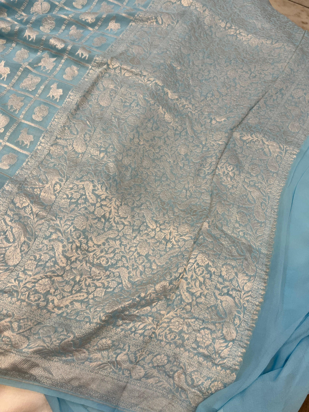 Pale Blue Banarasi Handloom Pure Khaddi Georgette Silk Saree - Aura Benaras