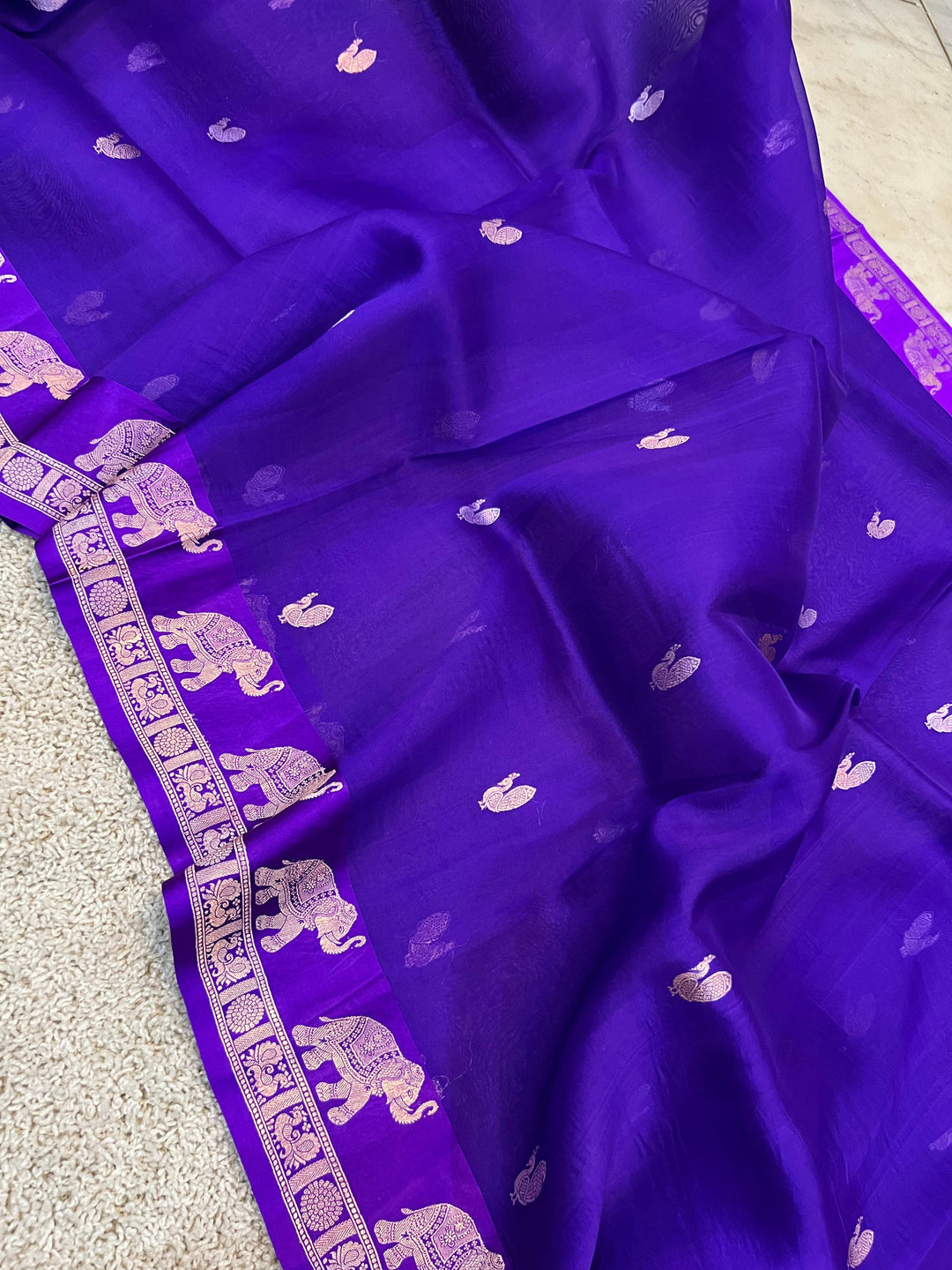 Purple Banarasi Handloom Kora Silk Saree - Aura Benaras