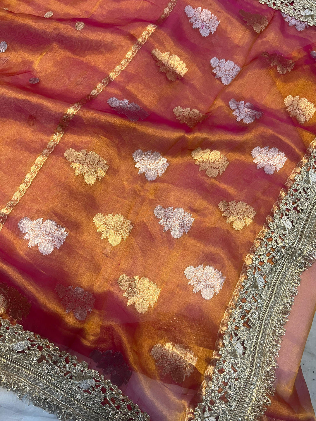 Orange Pure Banarasi Handloom Tissue Silk Saree - Aura Benaras