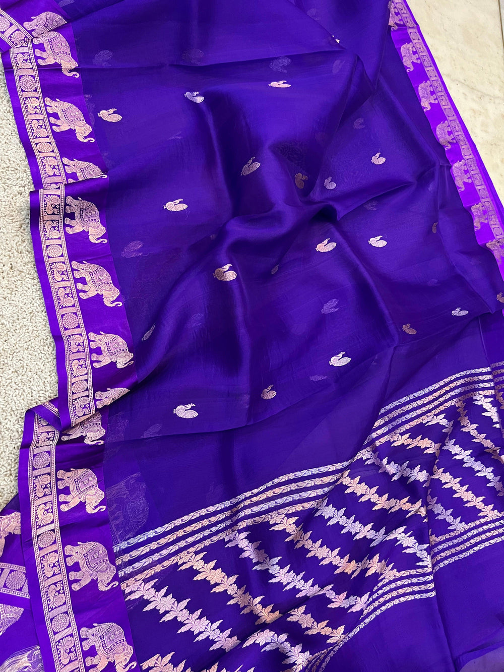 Purple Banarasi Handloom Kora Silk Saree - Aura Benaras
