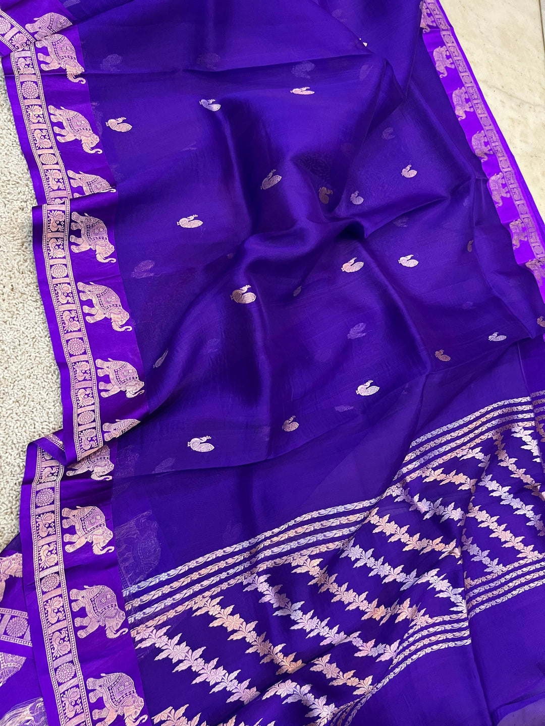 Purple Banarasi Handloom Kora Silk Saree - Aura Benaras