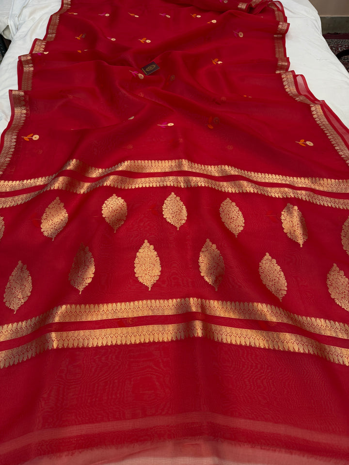 Red Kora Silk Banarasi Saree with Kadhwa Zari & Meenakari