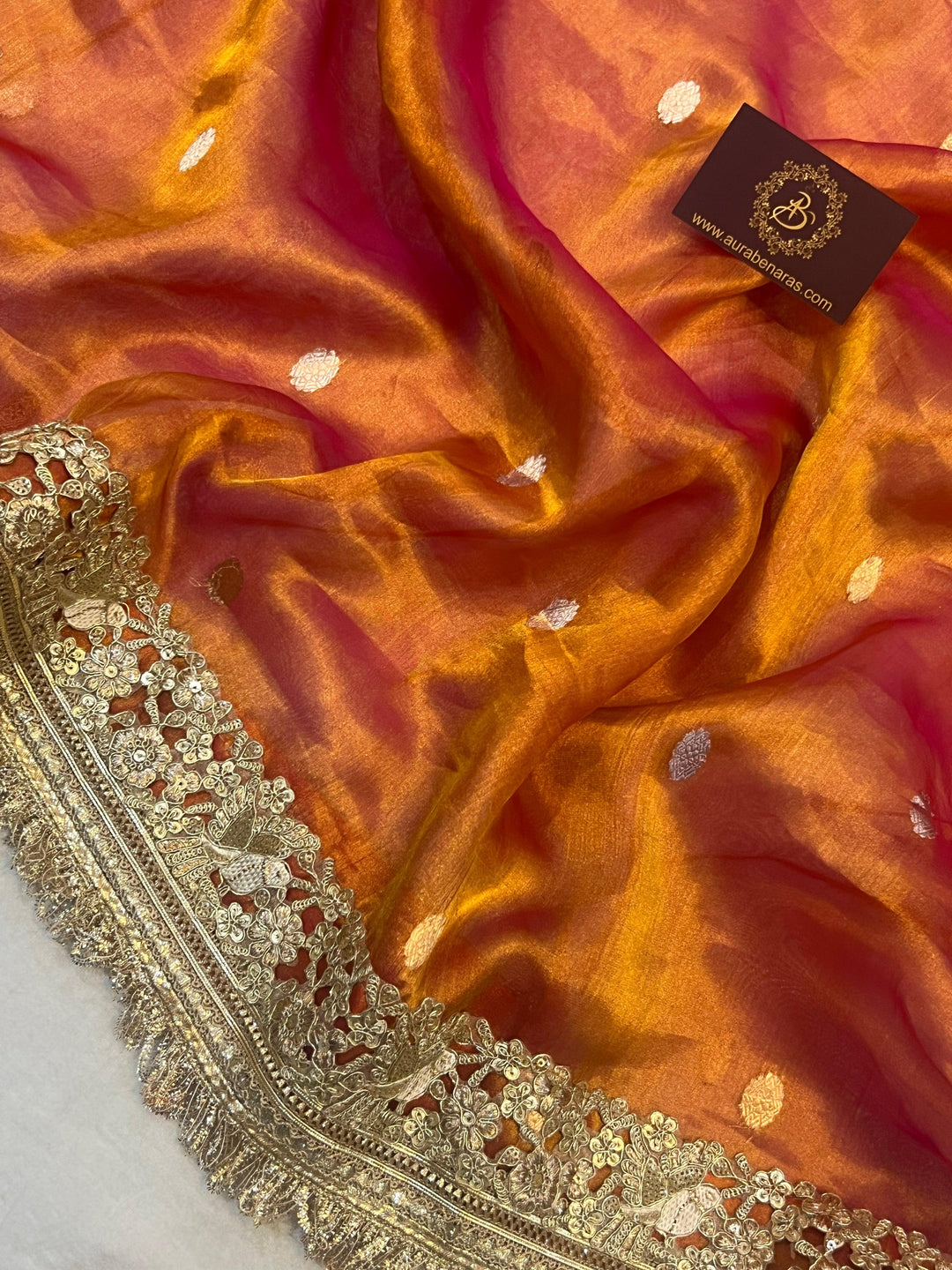 Orange Pure Banarasi Handloom Tissue Silk Saree - Aura Benaras