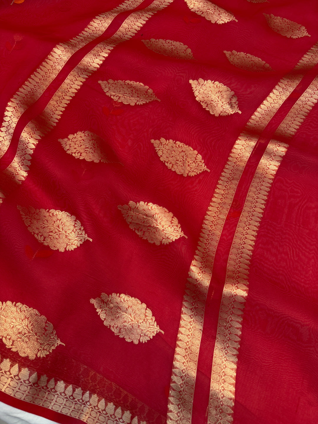 Red Kora Silk Banarasi Saree with Kadhwa Zari & Meenakari