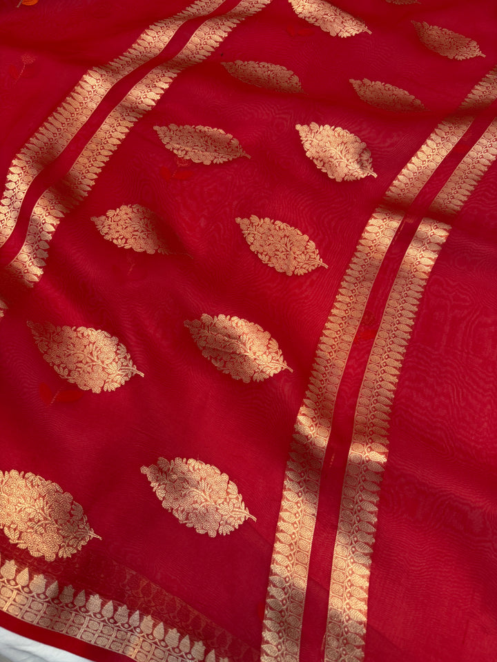 Red Kora Silk Banarasi Saree with Kadhwa Zari & Meenakari