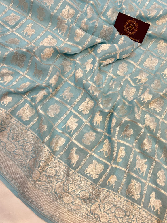 Pale Blue Banarasi Handloom Pure Khaddi Georgette Silk Saree - Aura Benaras