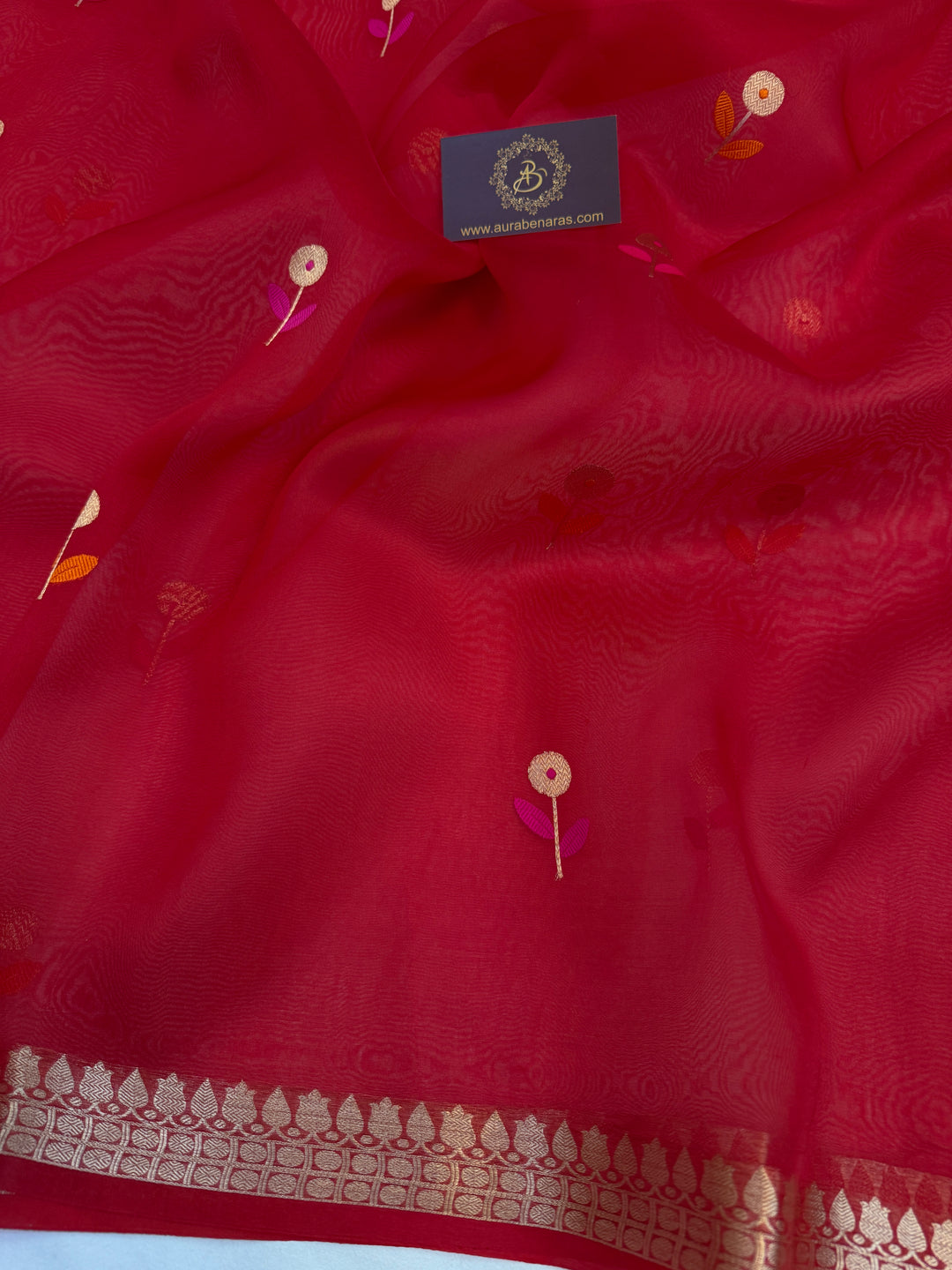 Red Kora Silk Banarasi Saree with Kadhwa Zari & Meenakari