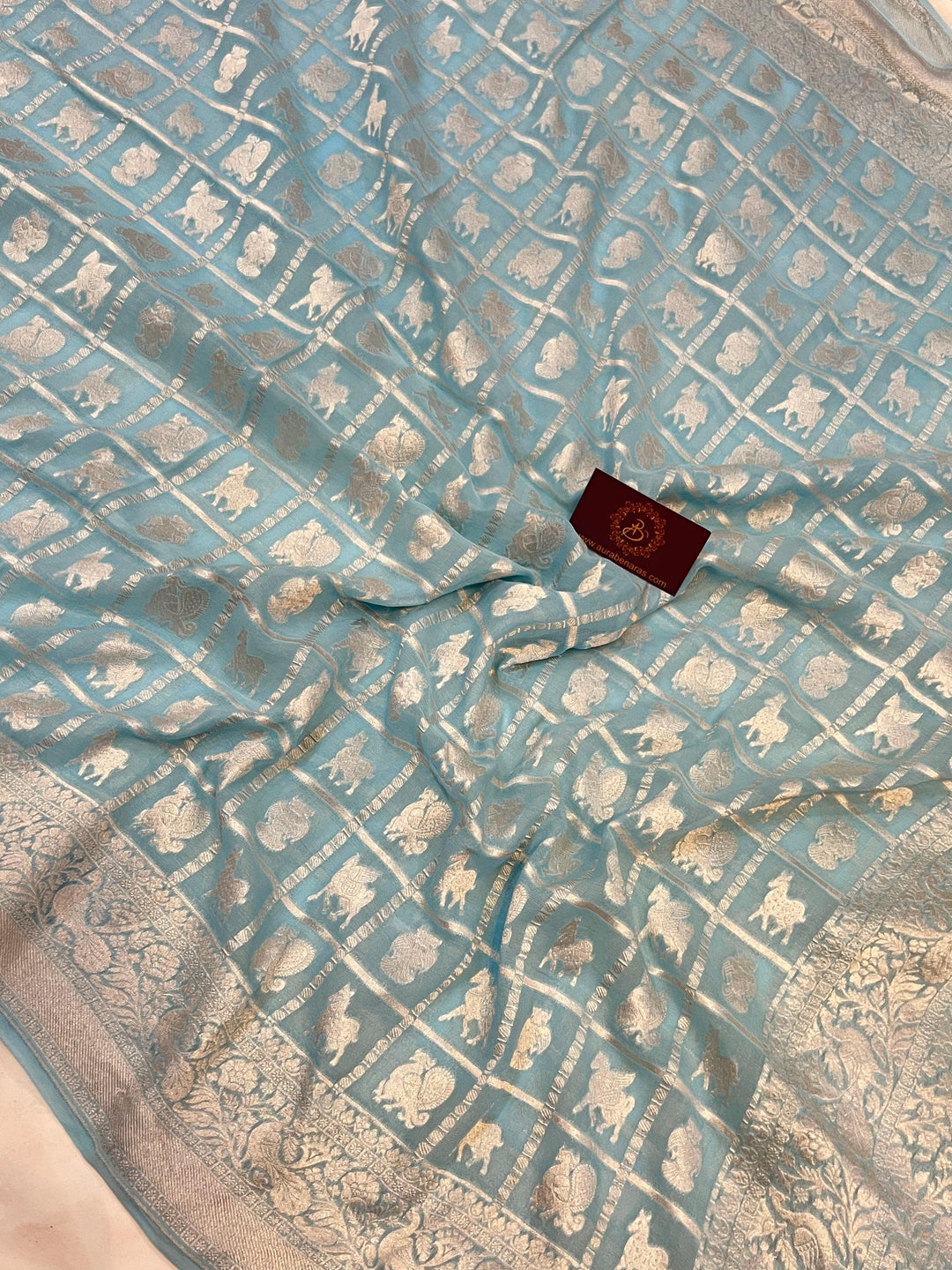 Pale Blue Banarasi Handloom Pure Khaddi Georgette Silk Saree - Aura Benaras