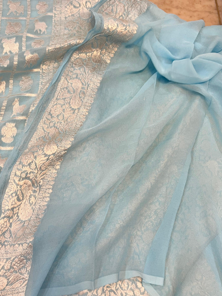 Pale Blue Banarasi Handloom Pure Khaddi Georgette Silk Saree - Aura Benaras