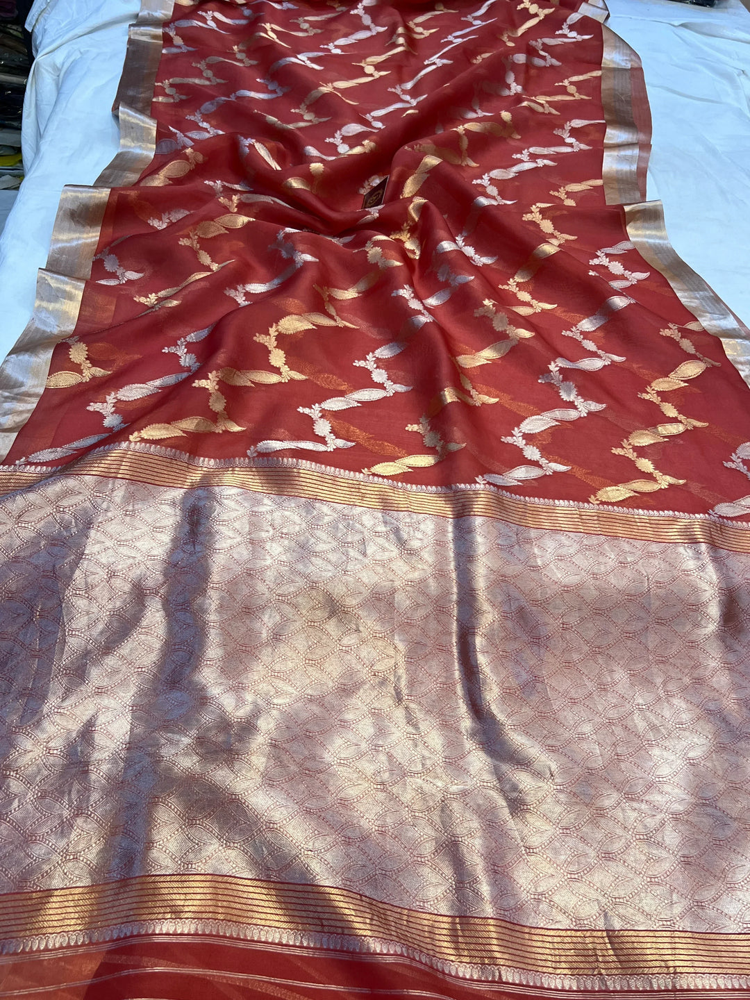Rust Pure Kora Silk Handloom Banarasi Saree