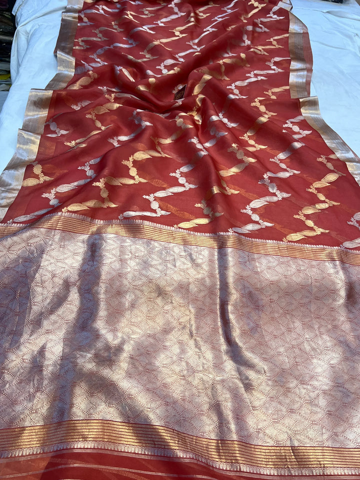 Rust Pure Kora Silk Handloom Banarasi Saree
