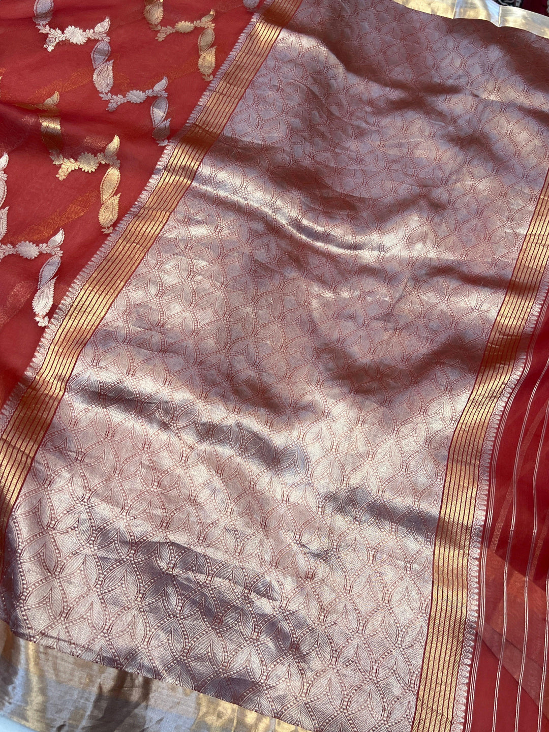 Rust Pure Kora Silk Handloom Banarasi Saree