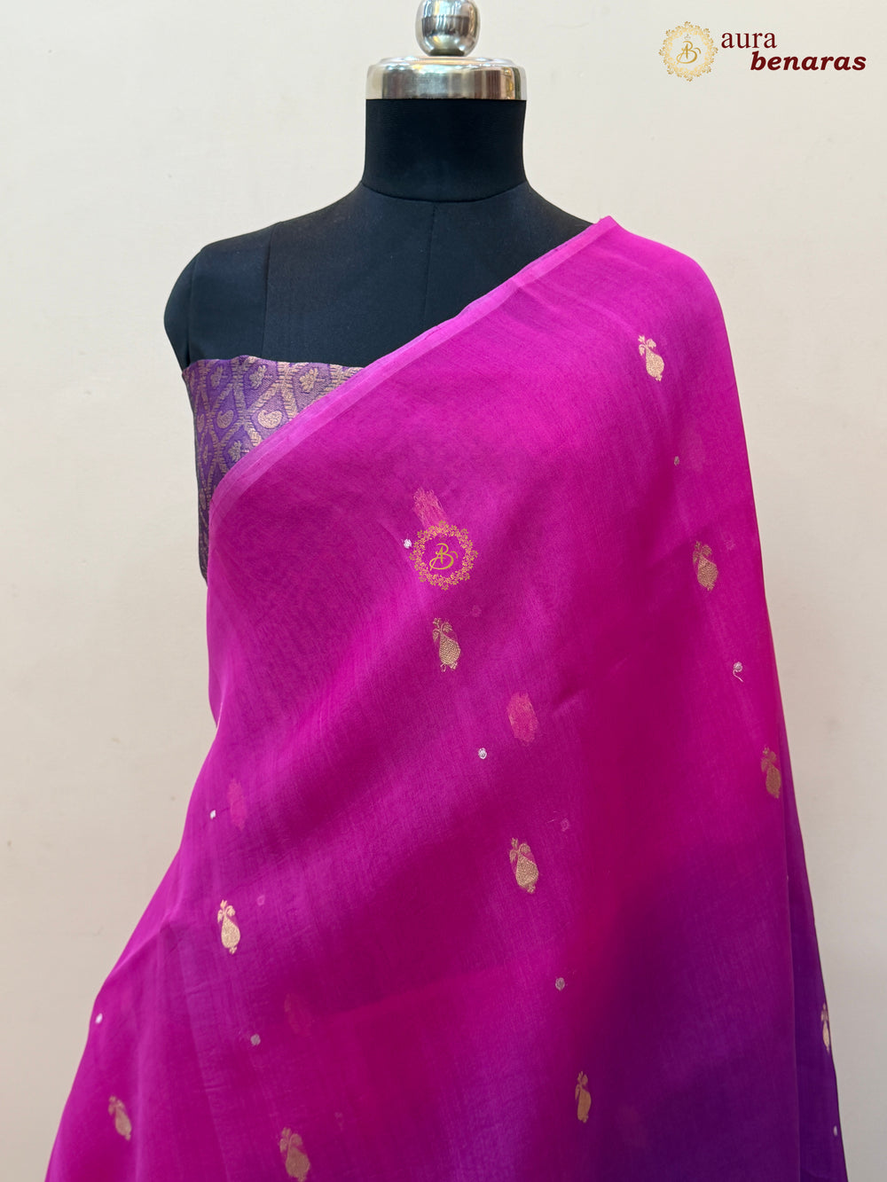 Pink Purple Shaded Kora Silk Banarasi Saree with Butis