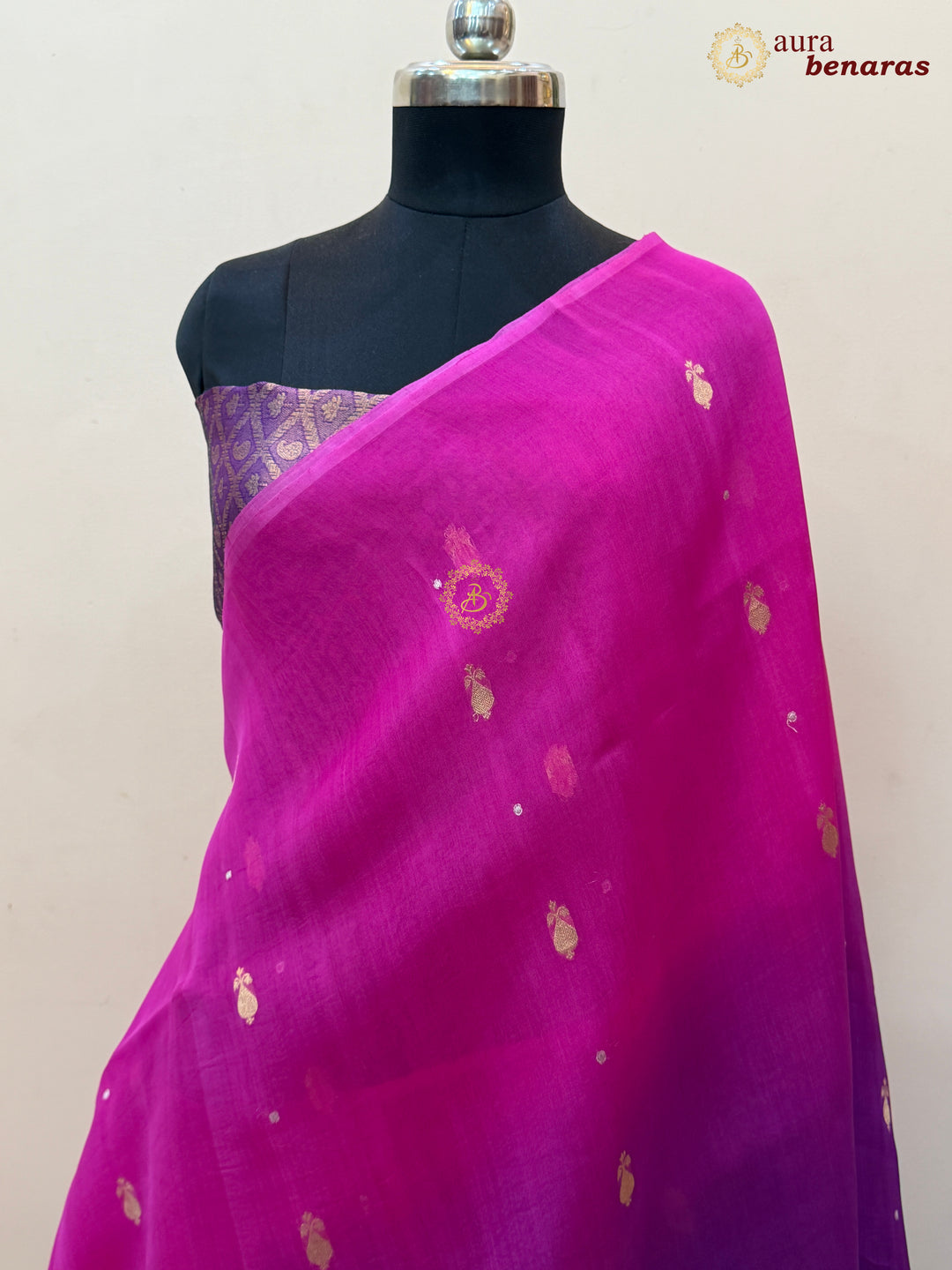 Pink Purple Shaded Kora Silk Banarasi Saree with Butis