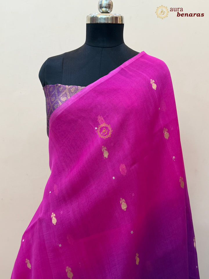 Pink Purple Shaded Kora Silk Banarasi Saree with Butis
