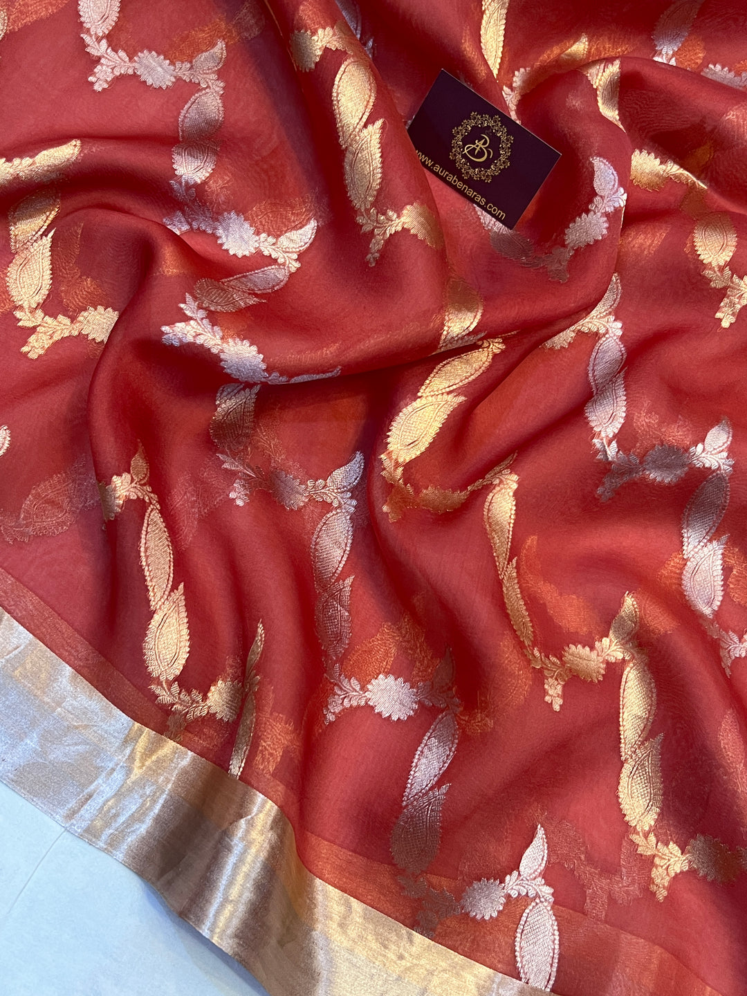 Rust Pure Kora Silk Handloom Banarasi Saree