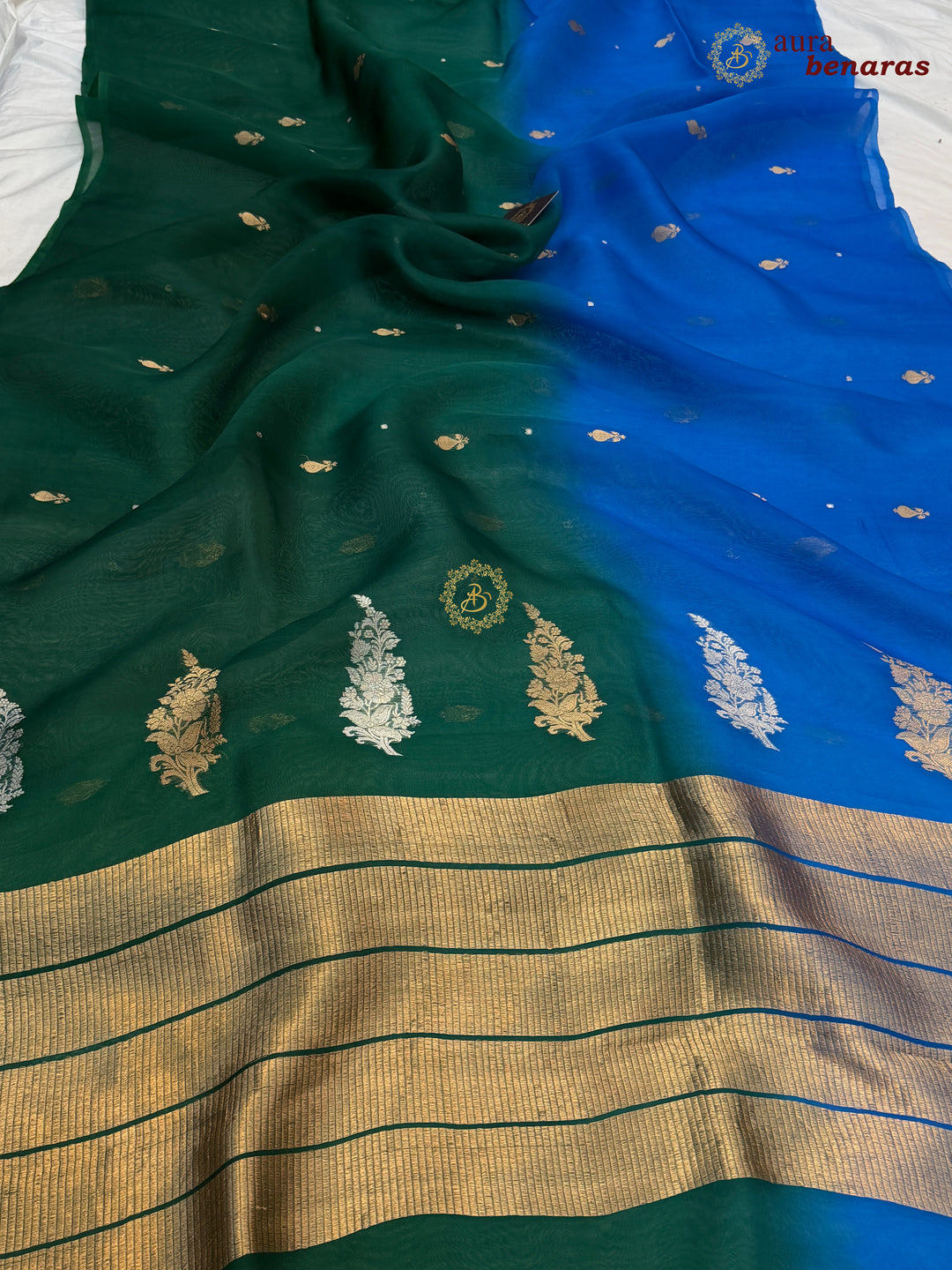 Blue Green Shaded Kora Silk Banarasi Saree with Butis